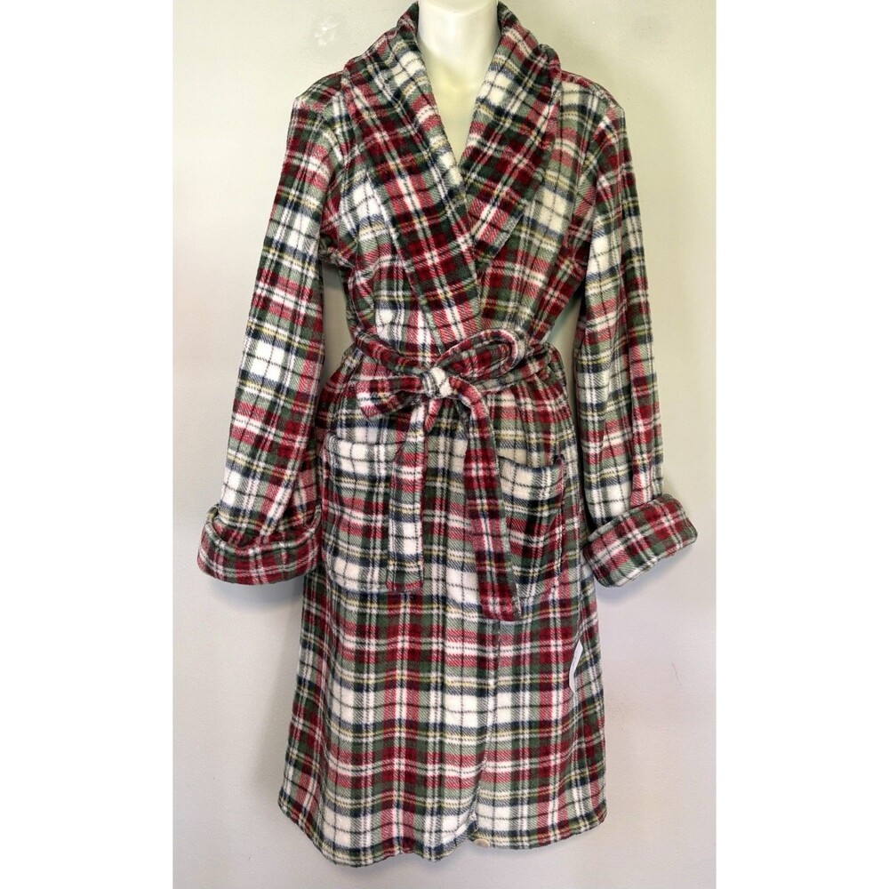Pottery Barn Womens Denver Plaid Plush Robe Small Belted Pockets